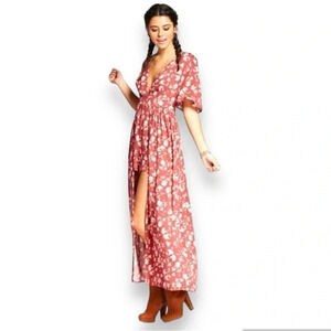 Floral Romper Maxi Dress Keyhole Low Back Lightweight - Dusty Rose Size Large